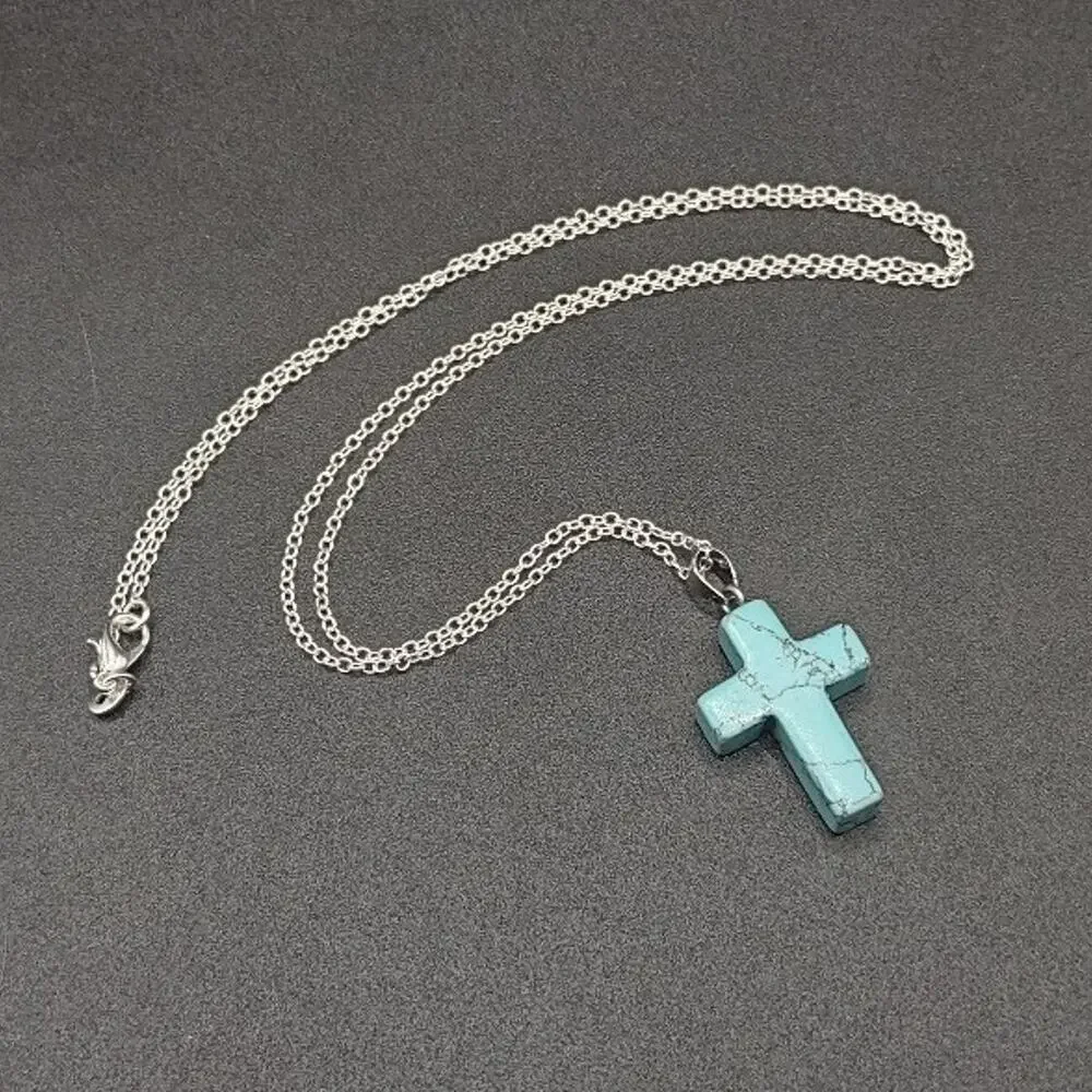 925 Silver Necklace W/ Turquoise Cross Pendant Western Native Christian Gift